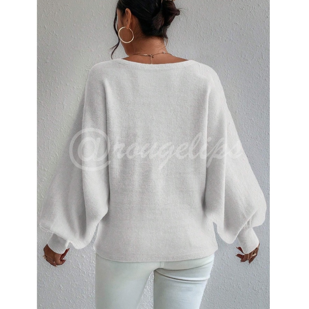 Knit Graphic Pullover Sweater Bishop Sleeve Stretchy Boat Neck - Picture 4 of 8